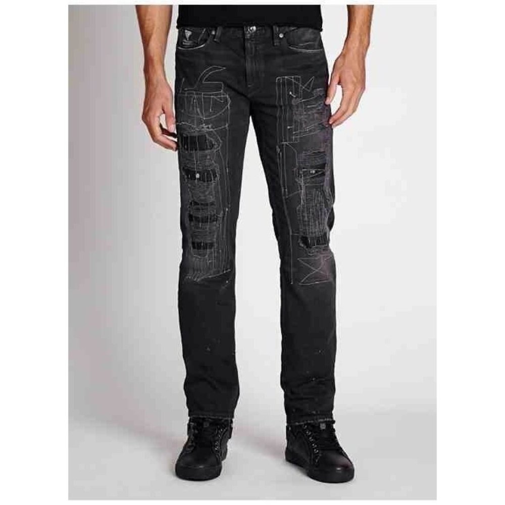 Guess Slim Straight Jeans In Moshpit Wash Heavy Destroy Details Size 29